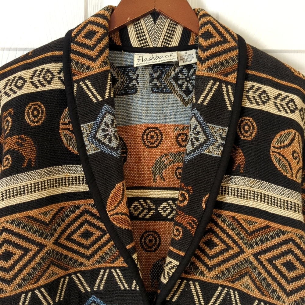 Flashback 90's Vintage Aztec Antelope Woven Tapestry Cropped Jacket Black M - Picture 2 of 12